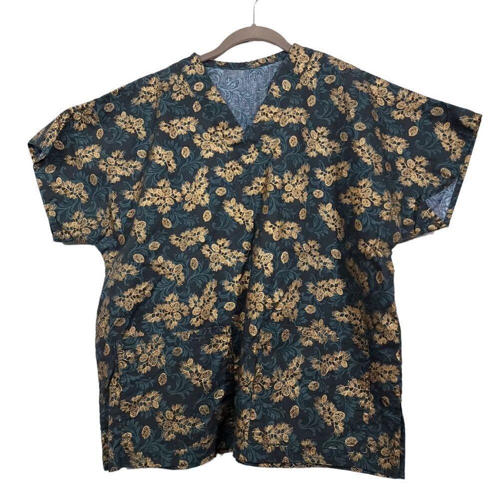 Christmas Scrub Top Size 2X Gold Green Pine Cone Unisex Women's Pocket